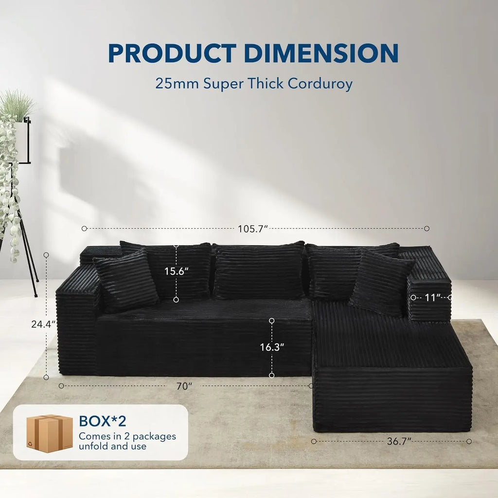 Canapé d'angle noir en L de 270 cm style "Cloud Couch", canapé-lit profond et très grand pour salon, sans assemblage requis, canapé en L confortable