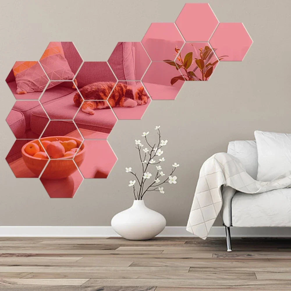 6/12pcs Acrylic Hexagonal Mirror DIY TV Background Wall Decoration Living Room Stickers Bedroom Bathroom Home Decoration