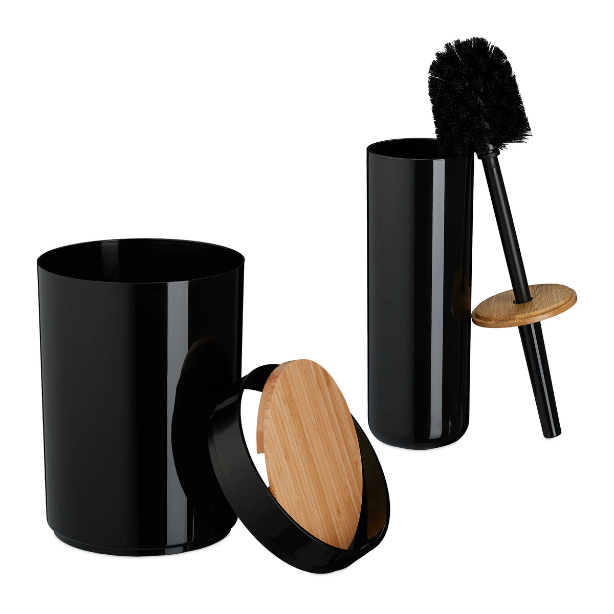 Ensemble d'accessoires de salle de bain 7 pièces, design harmonieux, pour la salle de bain, plastique et bambou, noir, poubelle à cosmétiques 5 L, avec brosse de toilette, Relaxdays