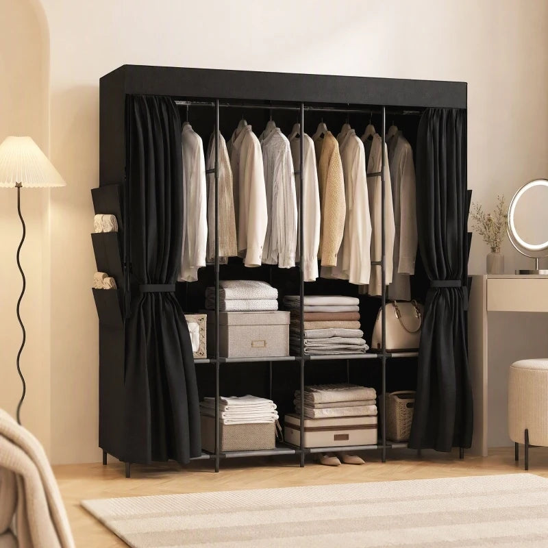 Armoire pliante avec 5 barres de penderie, penderie en tissu antipoussière sur structure en acier, comprend des étagères et des poches latérales pour chaussures et accessoires, montage facile sans outils - Noir