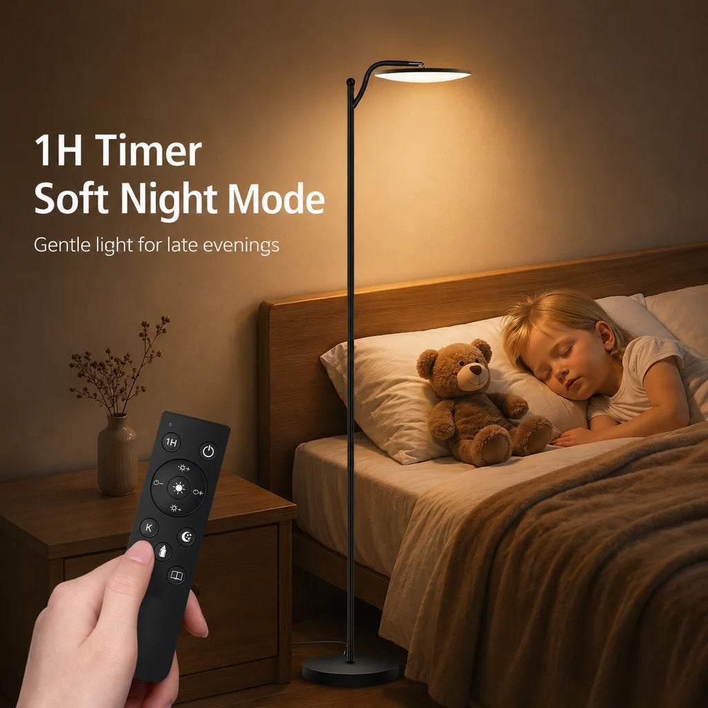 Lampadaire LED 32W 3000Lm avec tête pivotante, télécommande magnétique sur le pied du lampadaire, facile à installer, lampe de lecture stable pour salon, chambre et coin lecture
