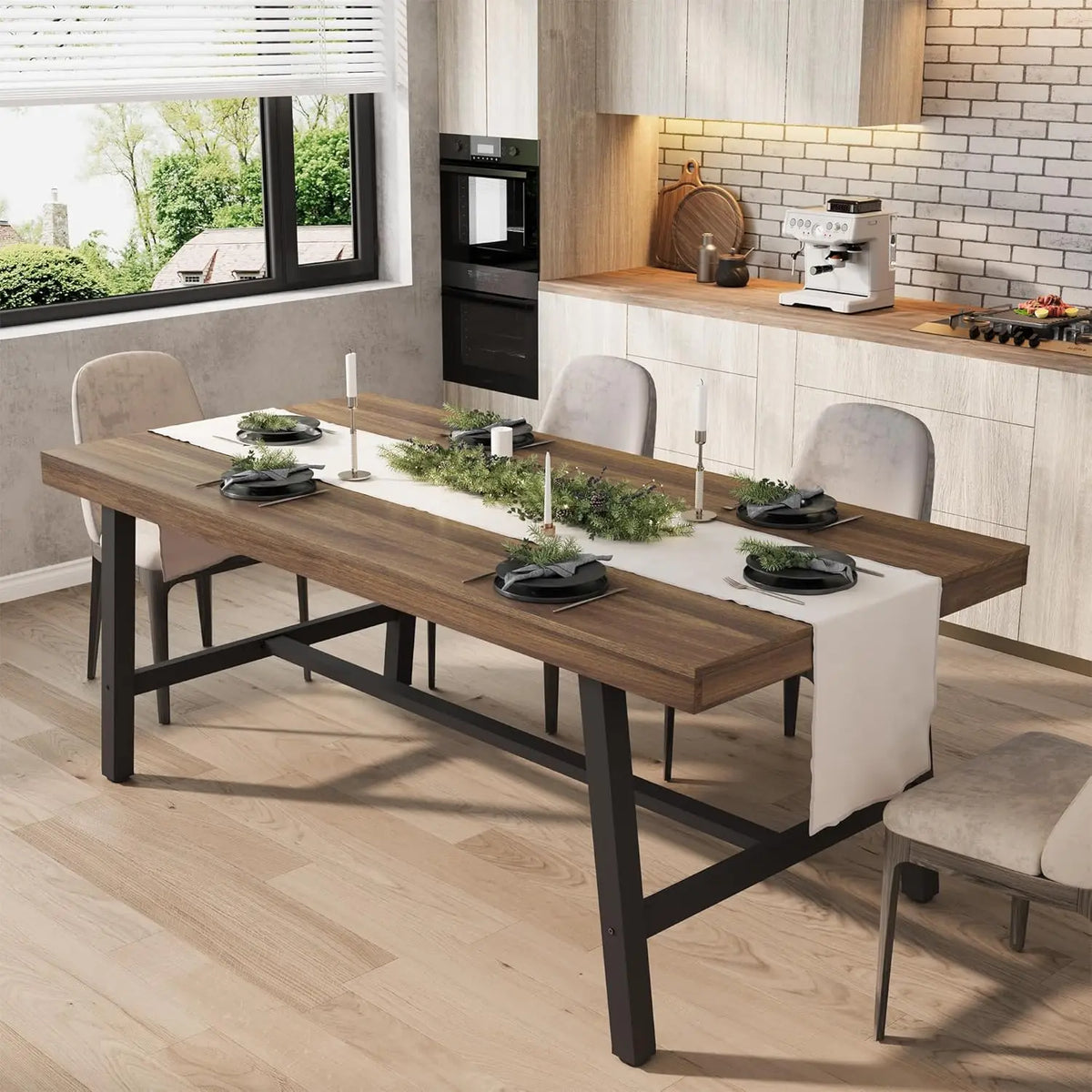 Table haute rectangulaire Garvee 180 cm pour 6 à 8 personnes : table de salle à manger et cuisine de style industriel rustique gris, grande plateforme universelle pour l'extérieur