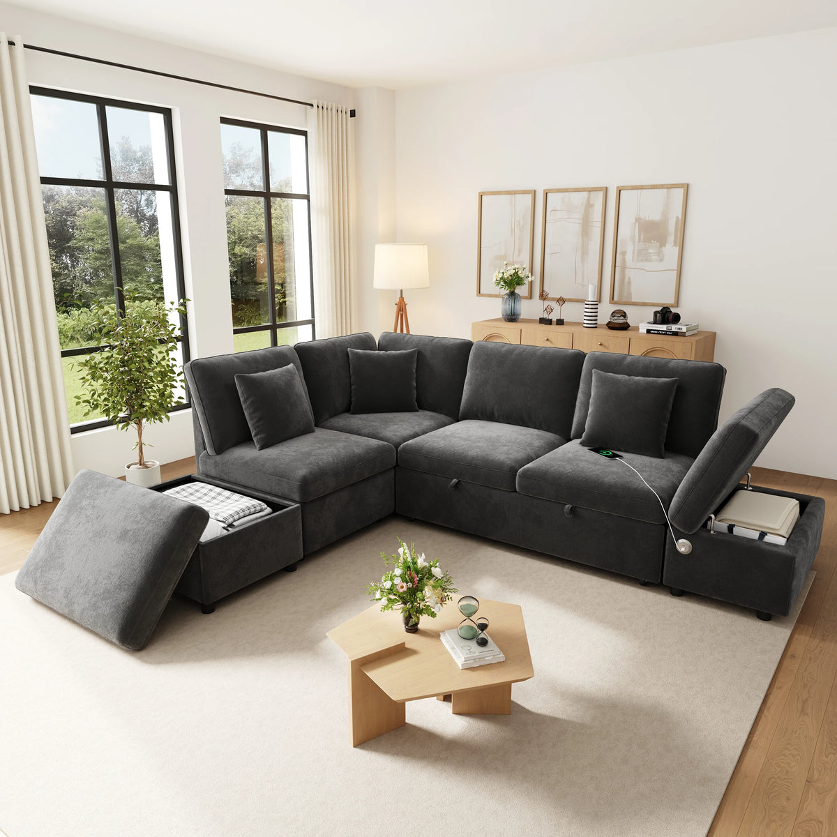 Canapé d'angle modulaire en L avec lit gigogne extractible, méridienne réversible