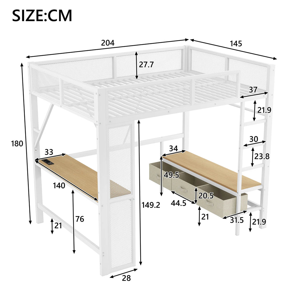 Lit mezzanine enfant et ado 140 x 200 cm en métal blanc - Lit combiné avec bureau, prise USB, LED intégrées, armoire ouverte et 3 tiroirs de rangement