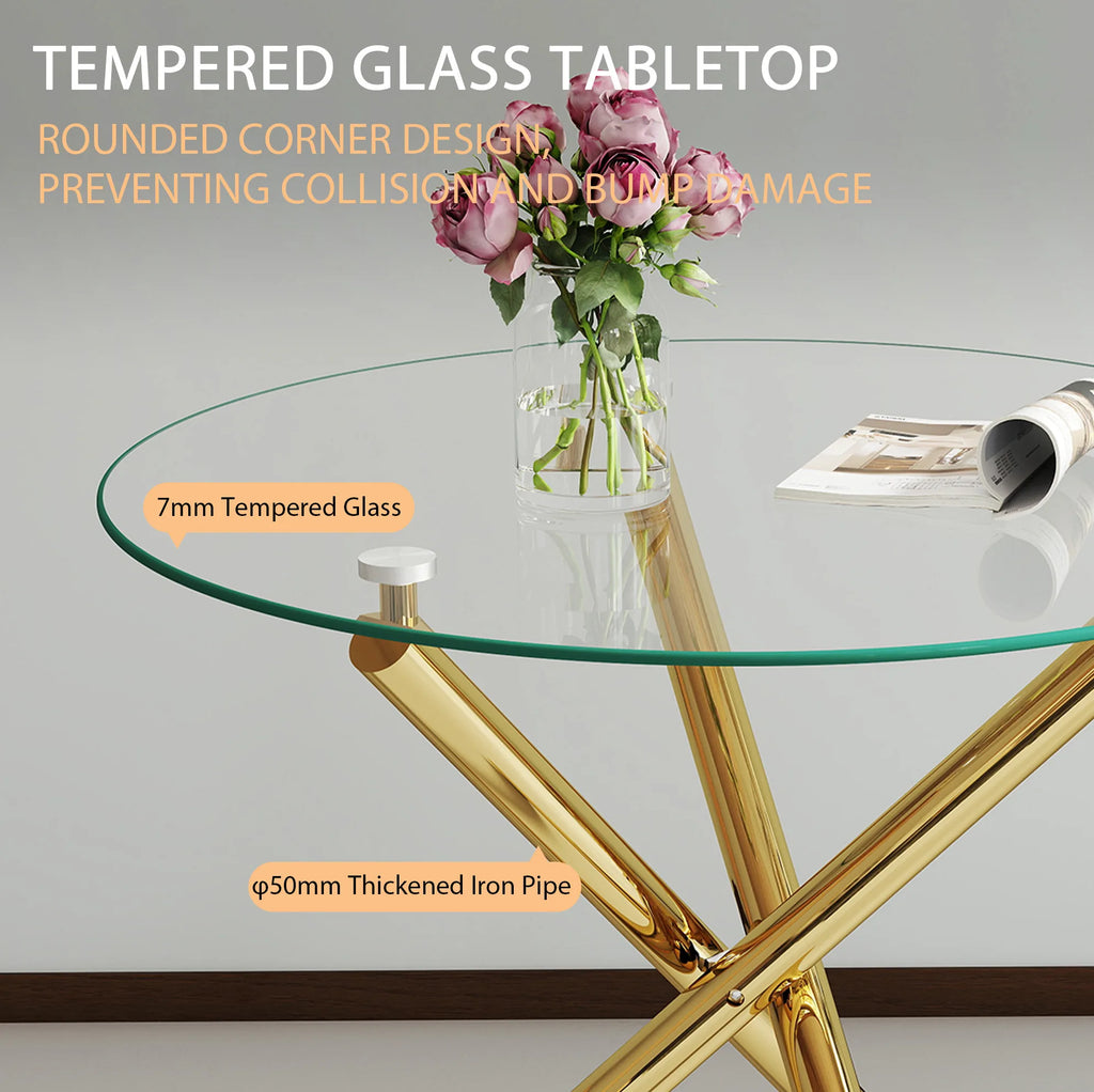 Table à manger ronde avec plateau en verre trempé et pieds en métal doré (80 x 80 x 76 cm)