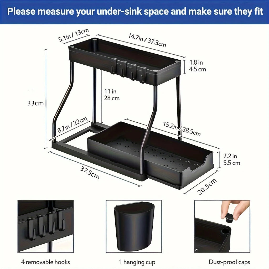 Rangement sous évier à 2 niveaux pour gain de place - Tiroir coulissant de grande capacité et durable pour la cuisine