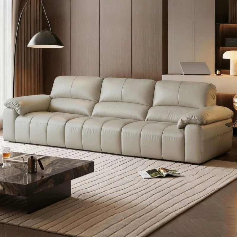 Canapé moderne et simple en cuir de vachette de première couche, canapé droit de luxe léger noir pour le salon et mobilier de