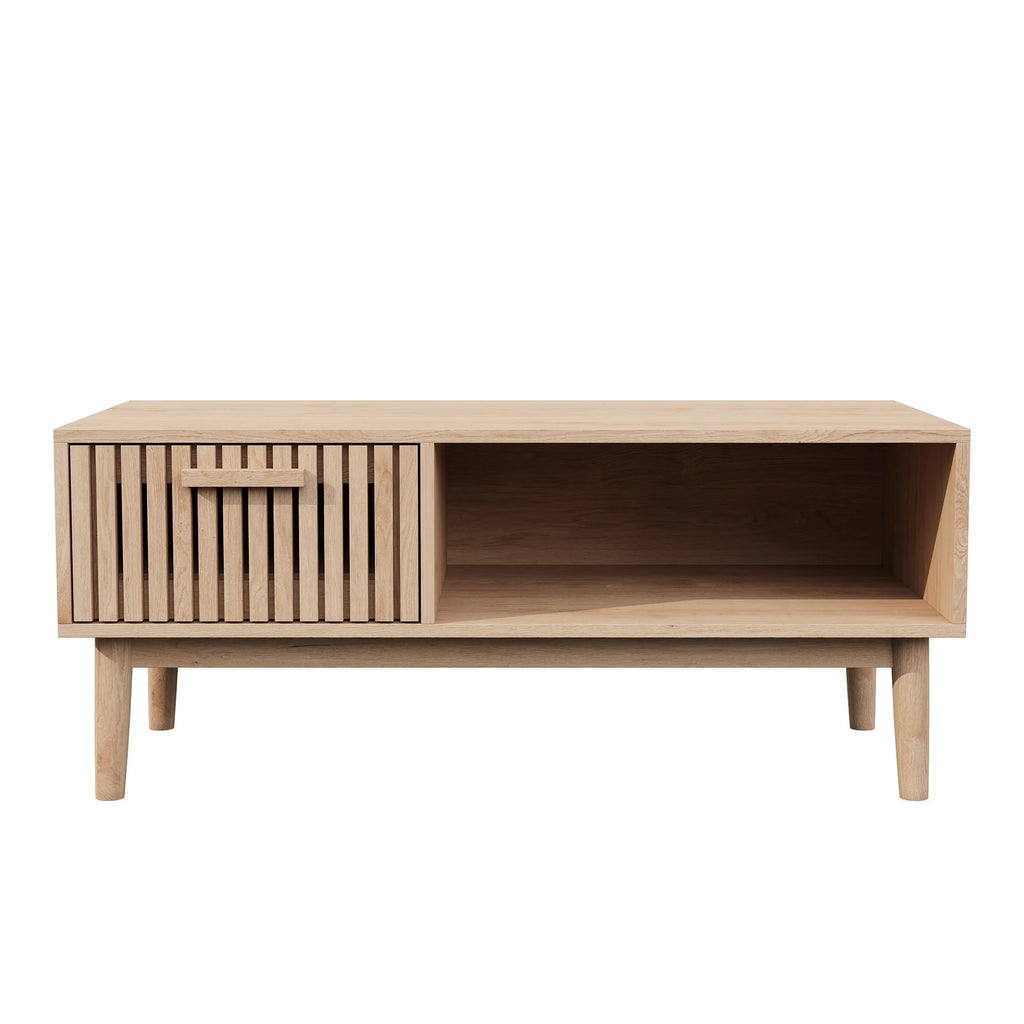 Table basse (100 x 50 x 43 cm) avec 1 tiroir et compartiment de rangement ouvert, table de salon moderne et minimaliste, bois naturel