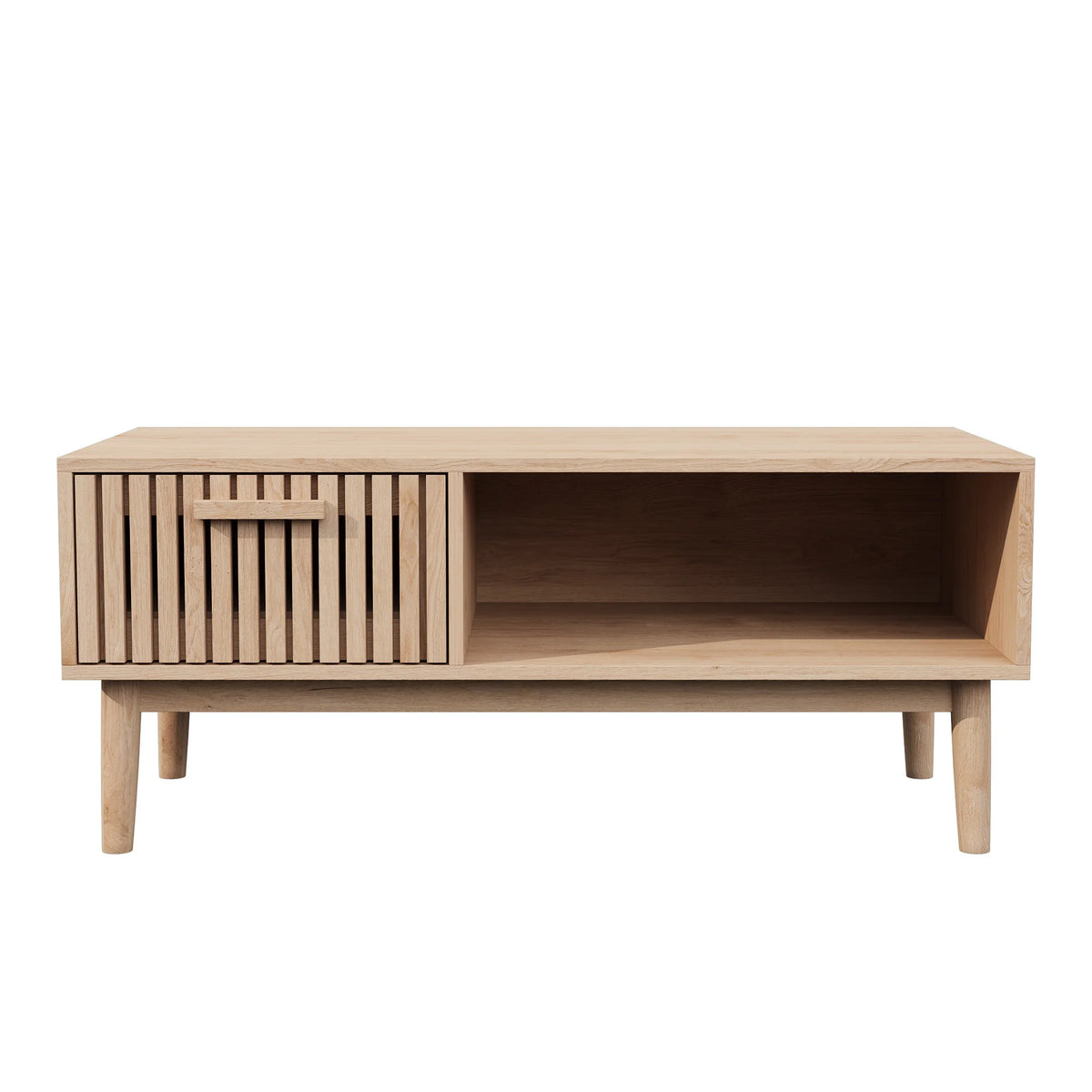 Table basse (100 x 50 x 43 cm) avec 1 tiroir et compartiment de rangement ouvert, table de salon moderne et minimaliste, bois naturel