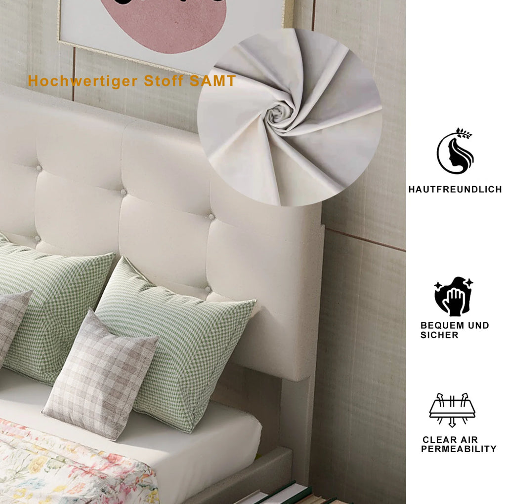 90x200 cm Upholstered Bed Frame with Slatted Base, Headboard and Two Storage Drawers in Beige Velvet (No Mattress)