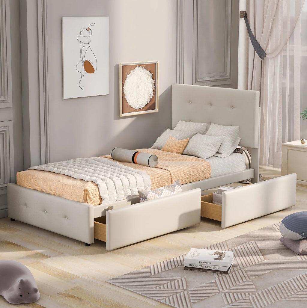 90x200 cm Upholstered Bed Frame with Slatted Base, Headboard and Two Storage Drawers in Beige Velvet (No Mattress)