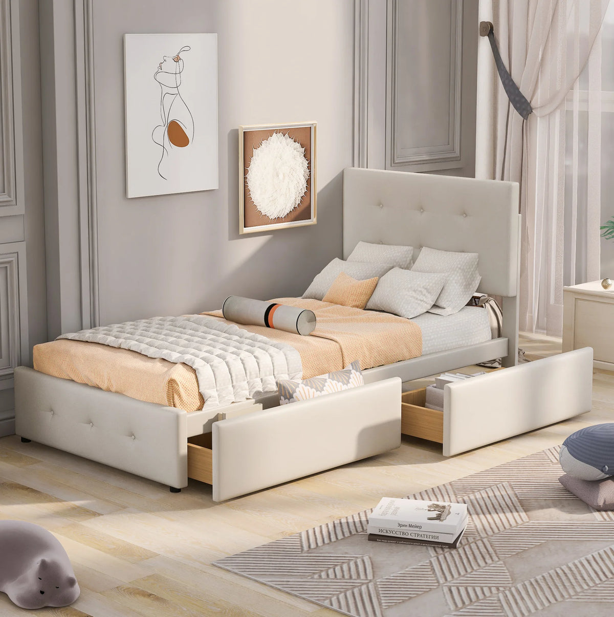 90x200 cm Upholstered Bed Frame with Slatted Base, Headboard and Two Storage Drawers in Beige Velvet (No Mattress)