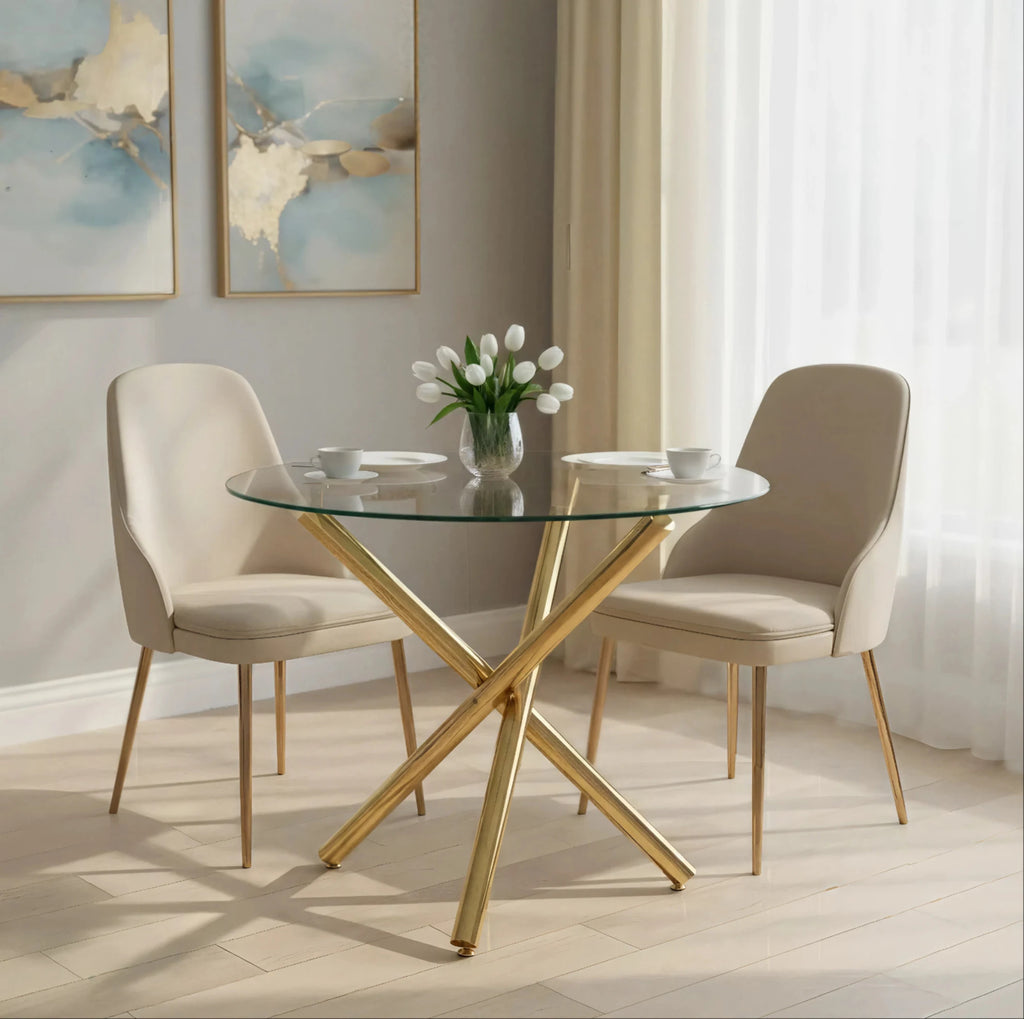 Table à manger ronde avec plateau en verre trempé et pieds en métal doré (80 x 80 x 76 cm)