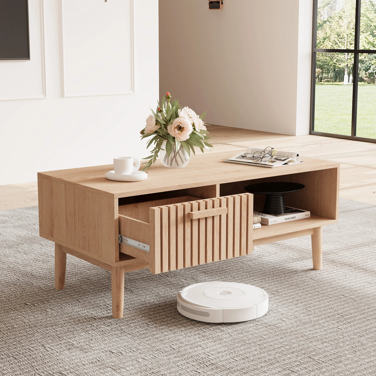 Table basse (100 x 50 x 43 cm) avec 1 tiroir et compartiment de rangement ouvert, table de salon moderne et minimaliste, bois naturel