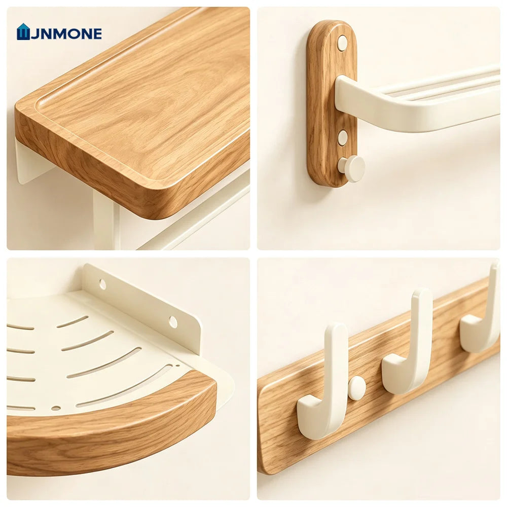 Ensemble d'accessoires de salle de bain en bois de noyer blanc, porte-serviettes, étagère d'organisation, support de brosse de toilette mural