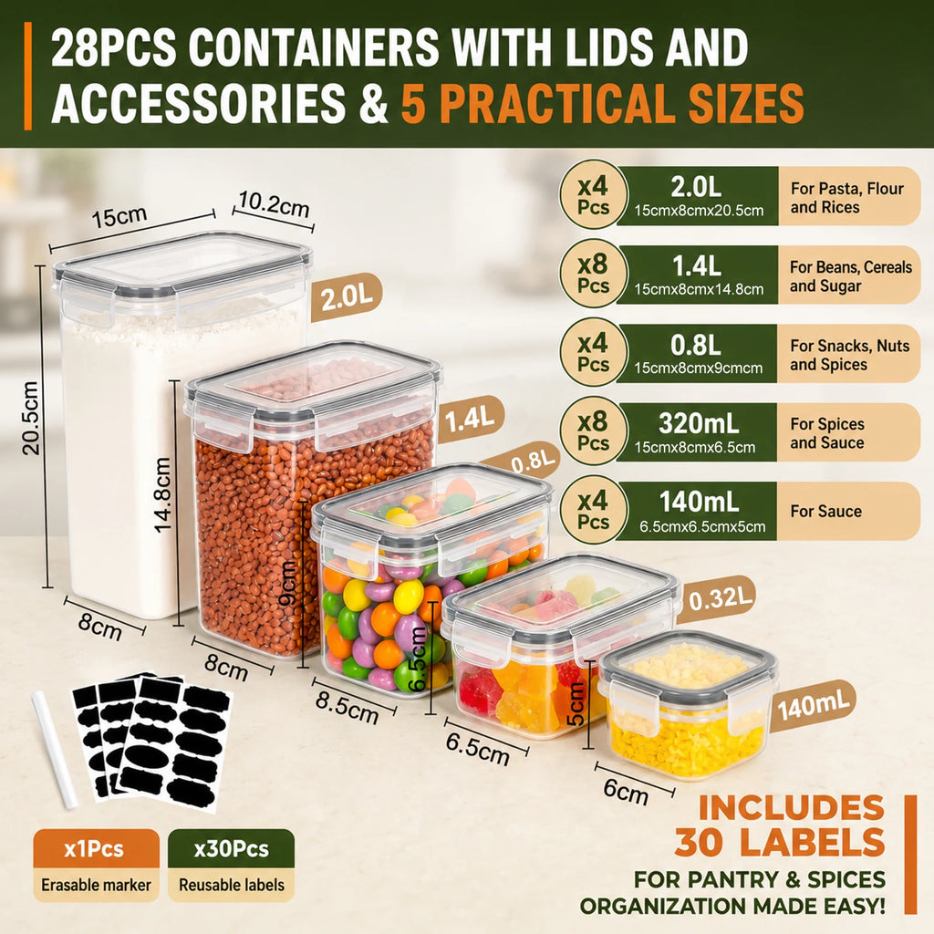Set de 28 Boîtes Alimentaires Hermétiques en Plastique Optimisez le rangement de votre cuisine et de votre garde-manger grâce à ce set complet de 28 boîtes alimentaires hermétiques. Conçues pour conserver la fraîcheur de vos aliments le plus longtemps pos