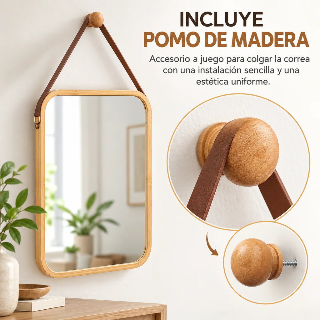 Miroir mural décoratif avec cadre en bambou naturel et sangle en cuir marron, miroir rectangulaire 34x41,5 cm pour salle de bain, chambre et entrée, comprend un bouton en bois pour la suspension