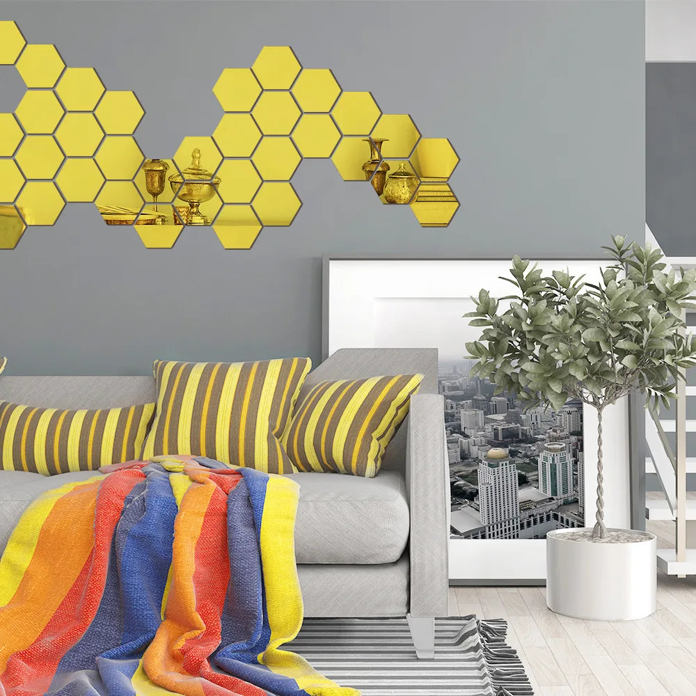 6/12pcs Acrylic Hexagonal Mirror DIY TV Background Wall Decoration Living Room Stickers Bedroom Bathroom Home Decoration