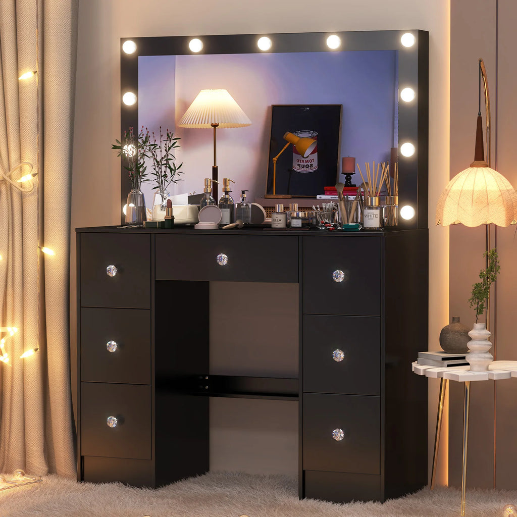 Coiffeuse Teousev avec miroir et 11 ampoules LED - Table de maquillage à luminosité réglable avec grand tiroir et 3 modes de couleur
