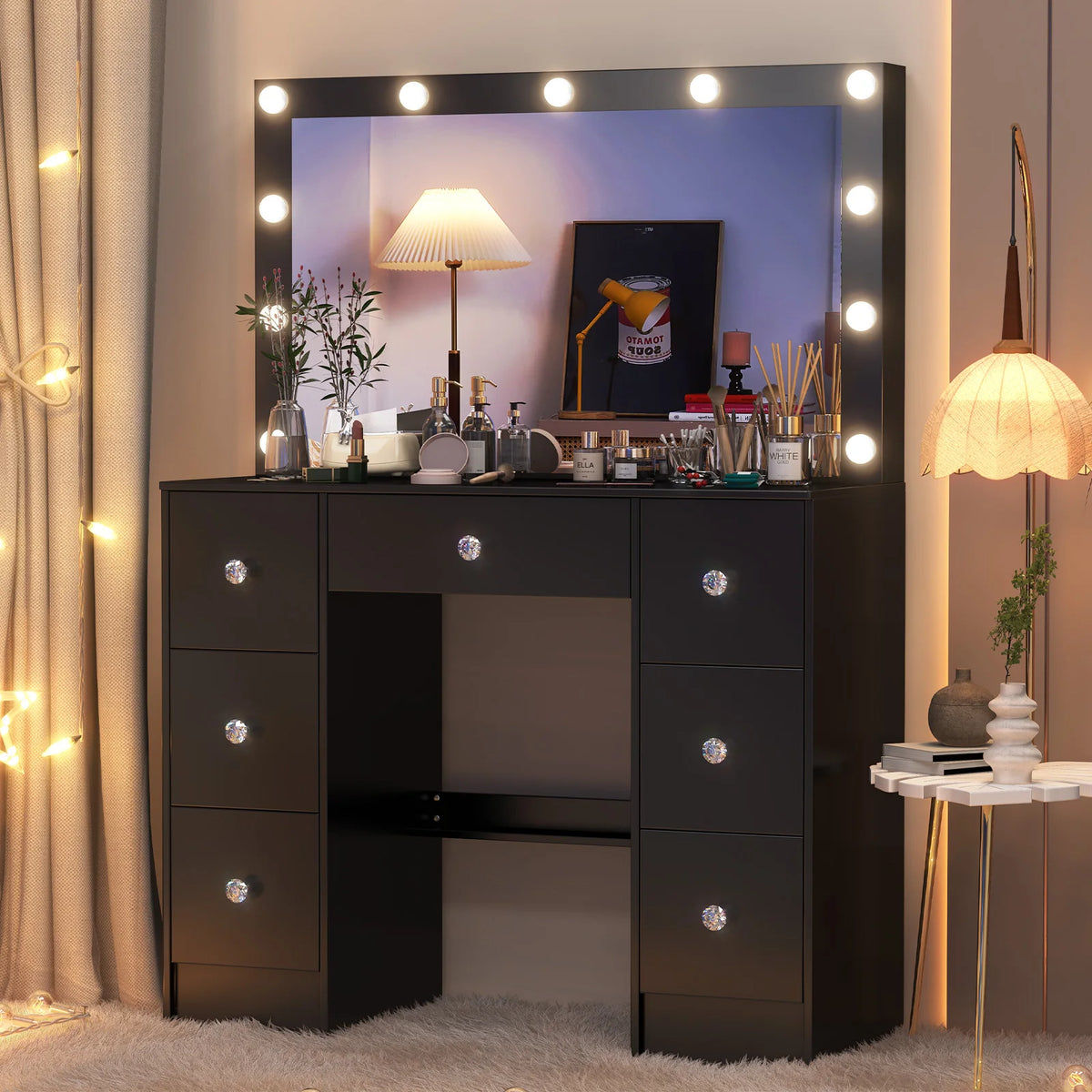 Coiffeuse Teousev avec miroir et 11 ampoules LED - Table de maquillage à luminosité réglable avec grand tiroir et 3 modes de couleur