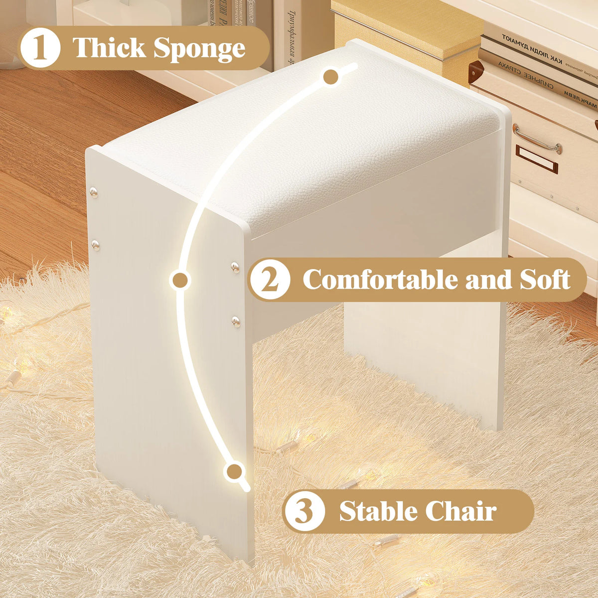 Tabouret de maquillage rembourré pour coiffeuse, chaise de coiffeuse élégante avec pieds en bois, banc d'appoint
