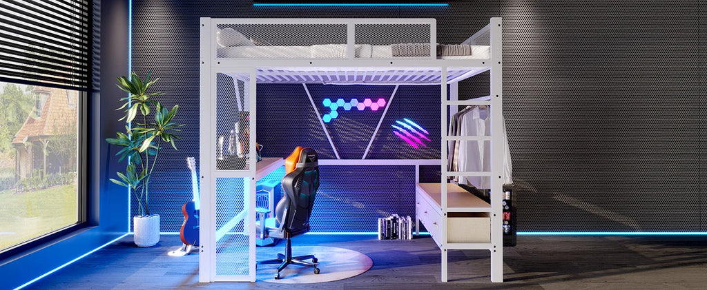 Lit mezzanine enfant et ado 140 x 200 cm en métal blanc - Lit combiné avec bureau, prise USB, LED intégrées, armoire ouverte et 3 tiroirs de rangement