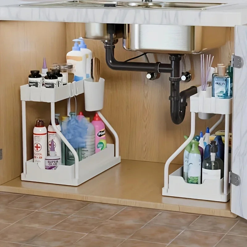 Rangement sous évier à 2 niveaux pour gain de place - Tiroir coulissant de grande capacité et durable pour la cuisine