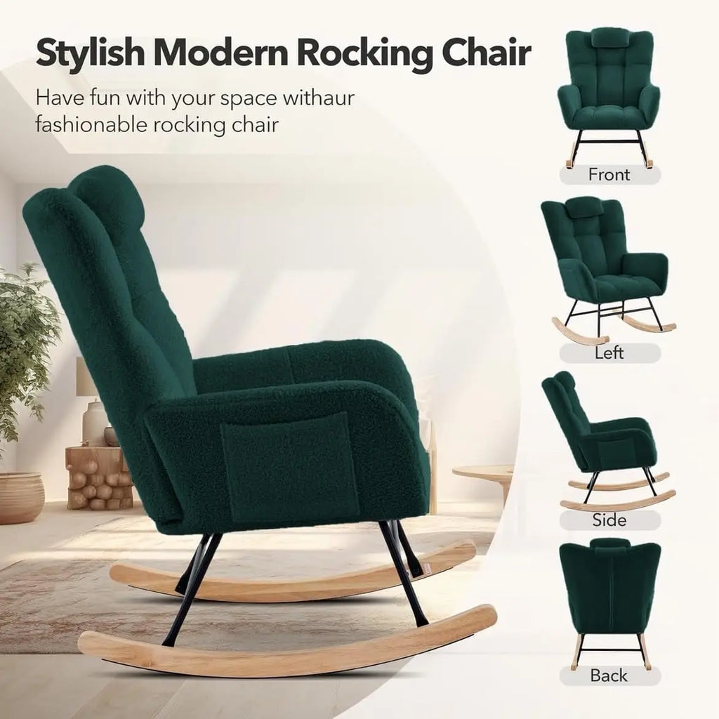 Fauteuil à bascule en velours teddy vert émeraude