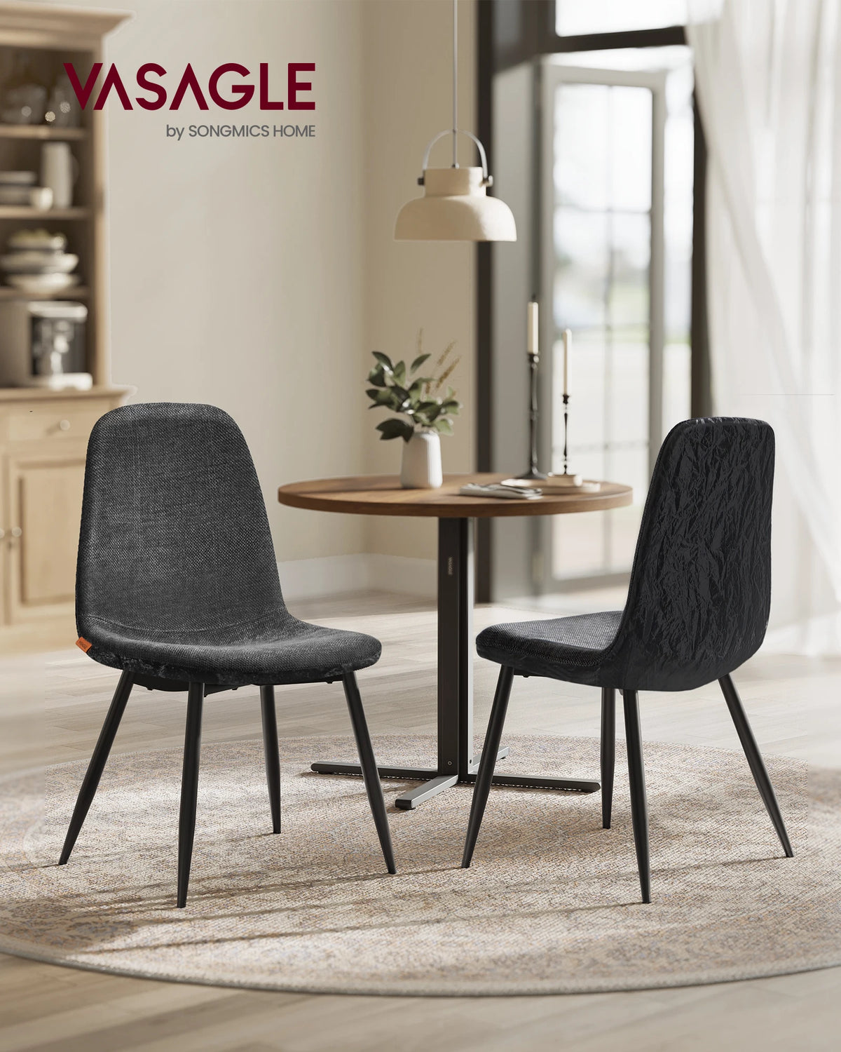 VASAGLE Dining Room Chairs, Set of 2, Metal Support, Adjustable Legs, Easy Clean, Chenille Fabric, Textured PU