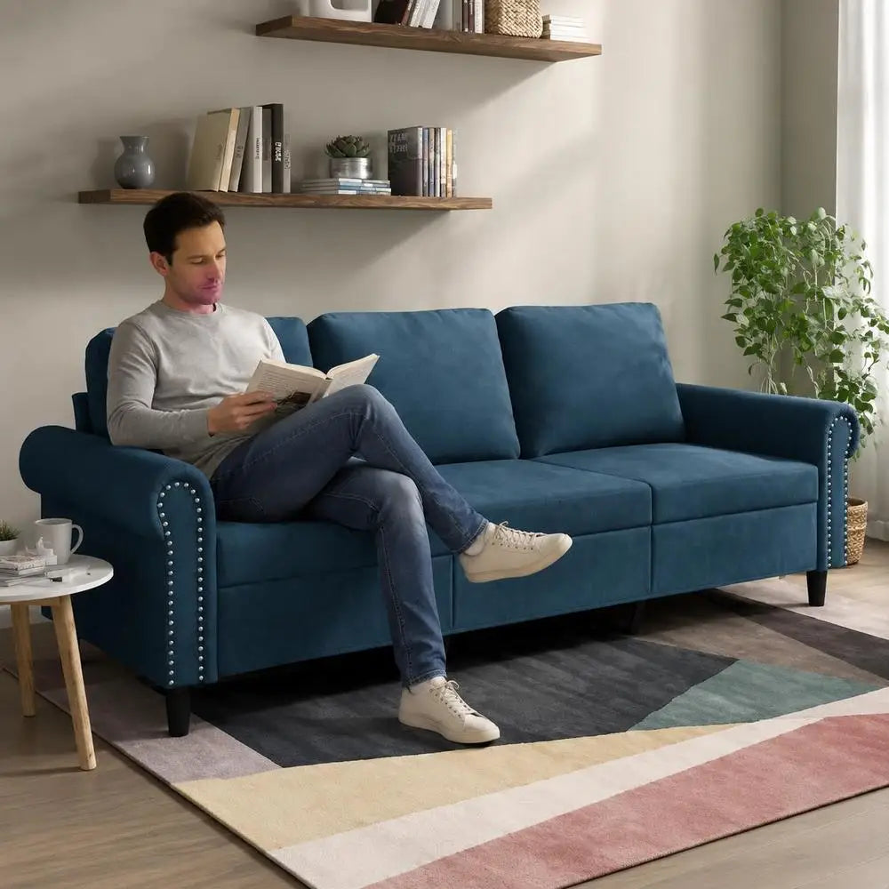 Canapé 3 places bleu de 180 cm en velours