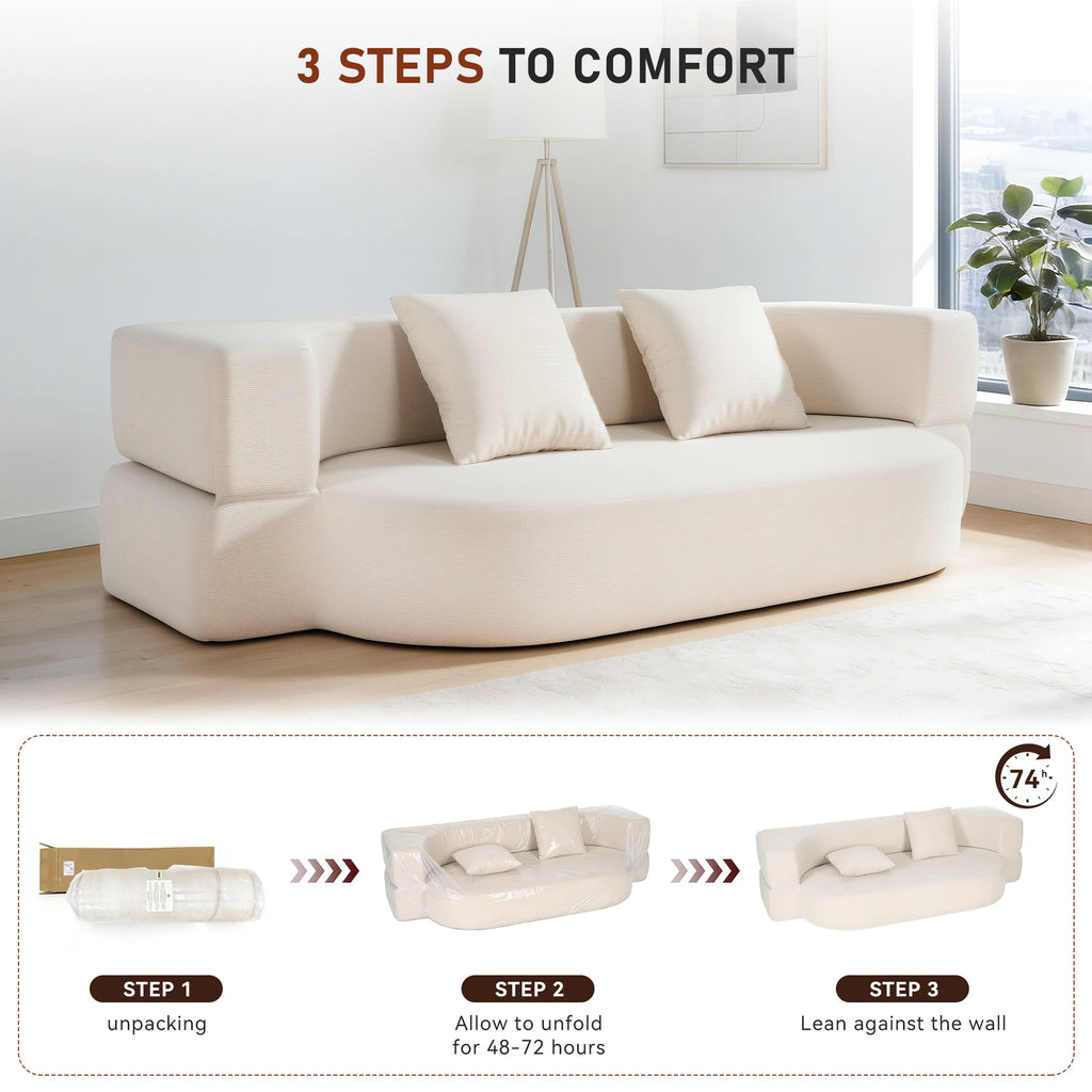 OYAJIA Canapé-Lit Pliable 2 Places Sans Armature - Matelas de Sol Convertible et Chauffeuse Banquette 2-en-1 avec 2 Coussins - Lit d'Appoint Gain de Place pour Salon, Chambre et Studio - Blanc Cassé/Gris