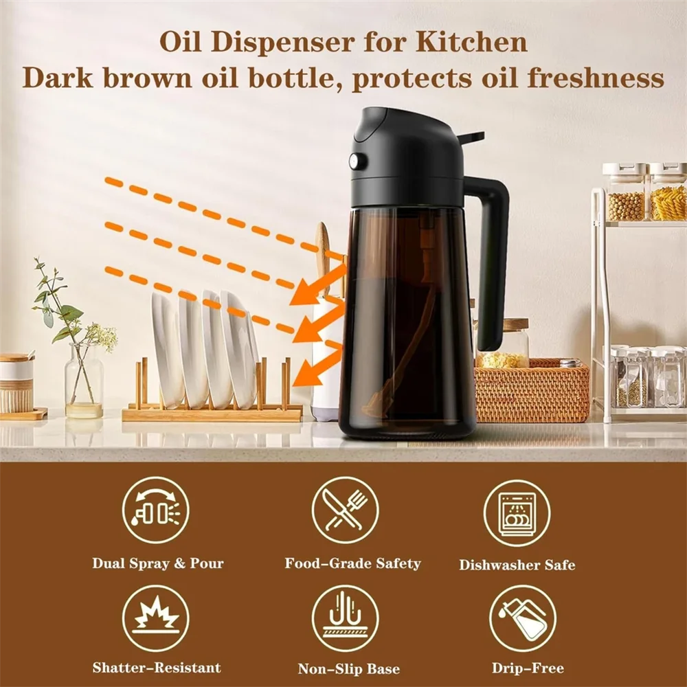 Distributeur et pulvérisateur d'huile en verre 2-en-1 - Bouteille spray d'huile d'olive anti-fuite 470 ml (16 oz) pour cuisine, friteuse sans huile (Air Fryer), barbecue, cuisson et salade