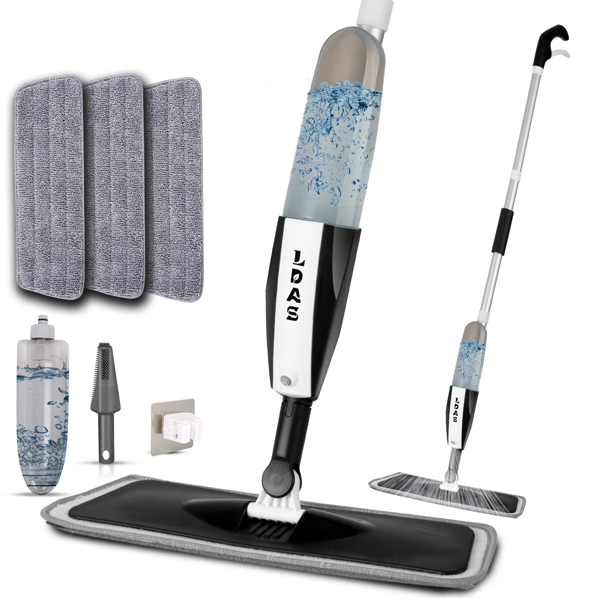 Balai serpillière plat avec spray rotatif à 360° et patins en microfibre