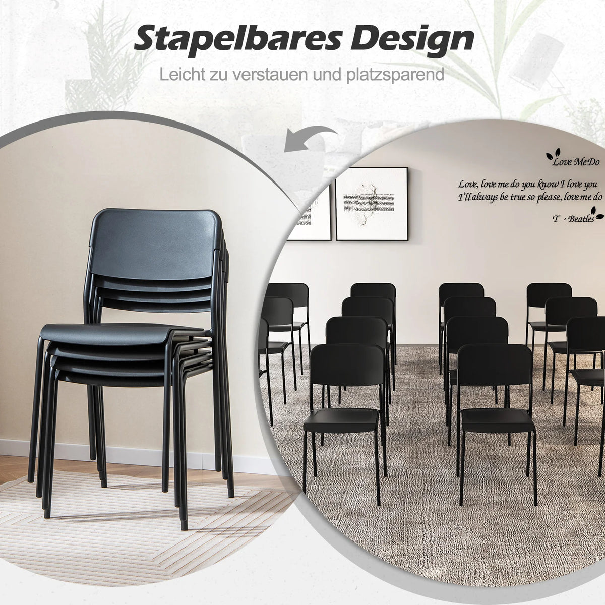 Set of 4 dining room chairs stackable kitchen chairs with backrest & metal legs, PP seat, chair without armrests
