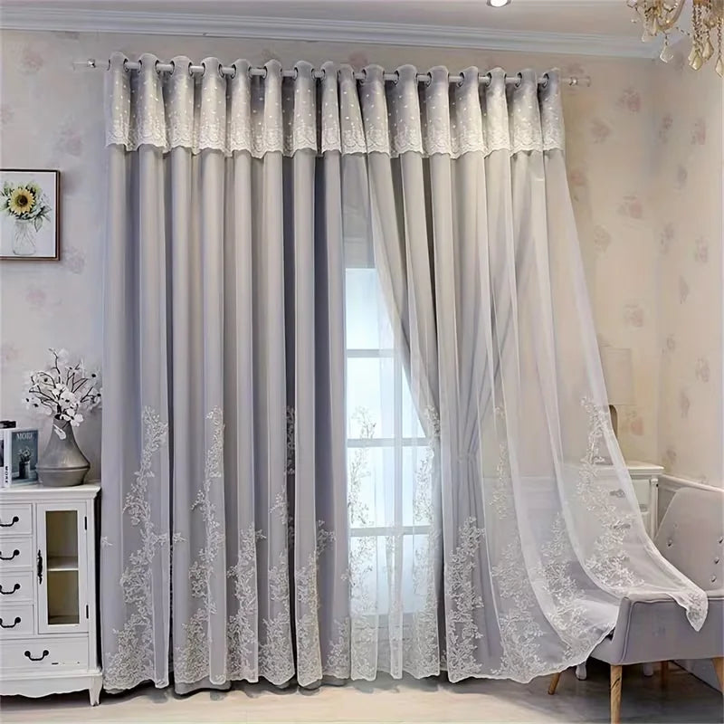1 panneau de rideau double couche style européen 100% occultant et préserve l'intimité, avec voilage superposé et fond uni au design esthétique pour chambre et salon
