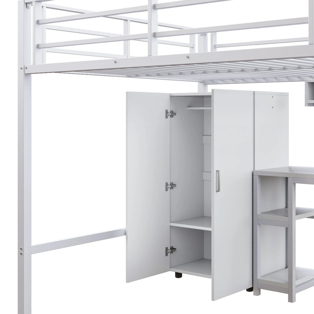 Lit mezzanine pour enfant 140x200cm avec armoire, étagères, rangement dans l'échelle et bureau - Blanc, sans matelas