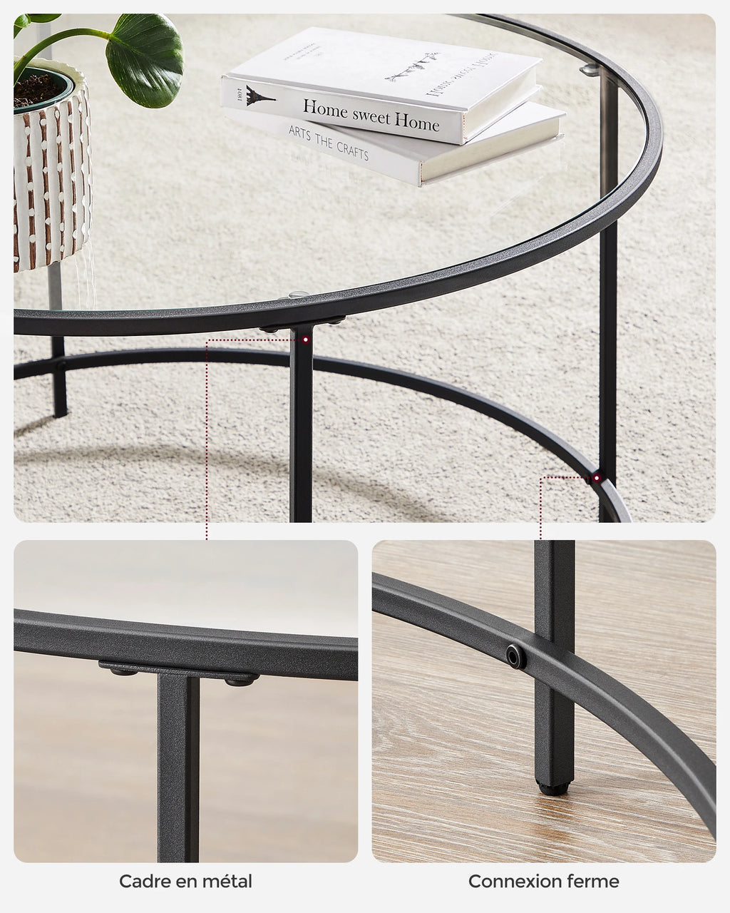 Table basse ronde pour salon en verre avec structure en acier, meuble de salon